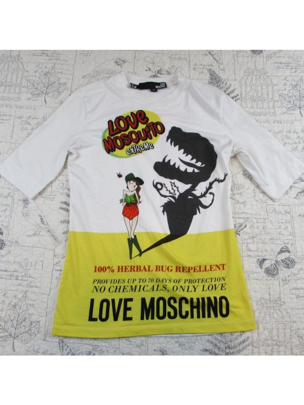 EUC Love Moschino White Love Mosquito Graffic Print T-Shirt womens size 4